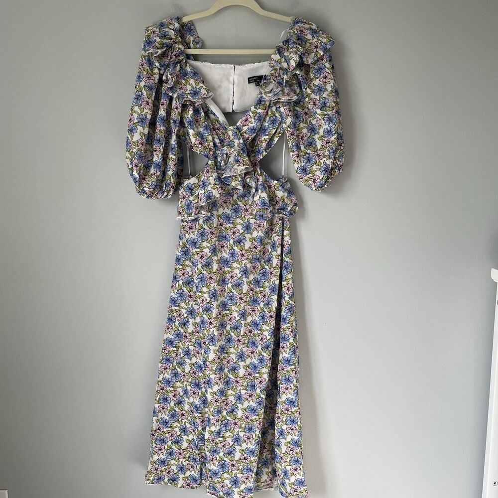 Nobody's Child Dani Cut-Out Midi Dress Floral Print Blue Purple Women's Size 6